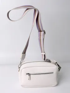 White PU leather crossbody bag with colorful striped wide strap for women daily wear