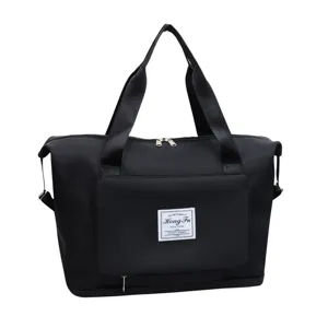 Black nylon travel duffel bag, foldable gym bag with dry wet separation for women.