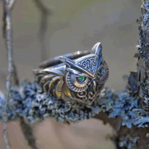 Anello gufo vintage in argento con occhi verdi, anello animale gotico in lega da donna