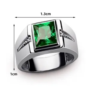 Bague carrée en zircon vert pour hommes et femmes, bijoux tendance en alliage argenté poli.