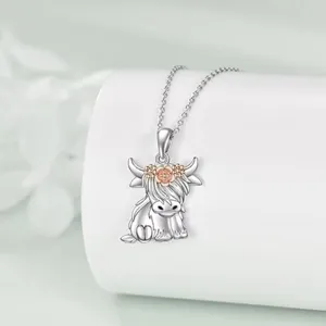 Joli Collier Pendentif Vache Highland Fleur Or Rose Chaîne Argent Cadeau Bijoux Femme