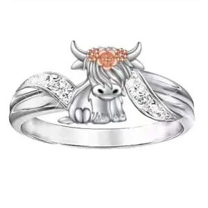 Jolie bague highland cow dessin anime pour femmes strass scintillants bijoux de doigt