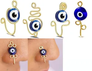 Gouden nep neuspiercing boze oog clip-on neusring gedetailleerd overzicht met draadontwerp.