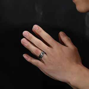 Vintage Thai silver men's ring with punk gear cutout design, fashionable biker knuckle jewelry.