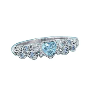 Anello argento cuore zircone blu fascia foglie moda per donne gioielli quotidiani