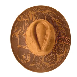 Chapeau de Cowboy Occidental Gravé au Laser Vintage Fausse Suède Large Bord Casquette de Jazz Protection Solaire Extérieure