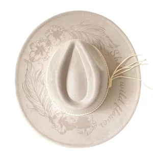 Suede Western Cowboy Hat Wide Brim Fedora Outdoor Jazz Hat With Floral Feather Pattern For Women Men Fashion Headwear