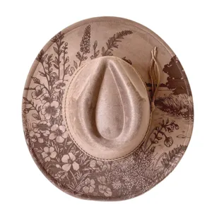 Dames Westerse Cowboyhoed Retro Brede Rand Imitatie Suède Fedora Hoed Lasergegraveerd Bloemenpatroon Vintage Jazz Pet