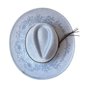 Women's Western Cowboy Hat Faux Suede Laser Engraved Daisy Floral Flat Brim Jazz Fedora Hat Sun Protection Hat