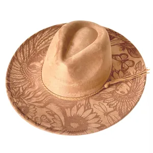 Laser engraved vintage tribal pattern western cowboy hat wide brim suede fedora felt hat