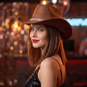 Detailed shot of a brown suede western cowboy hat featuring a sparkling rhinestone chain band.