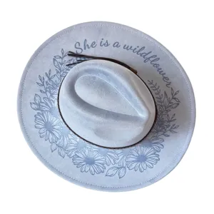 Suede fedora hat with floral print and quote, stylish western cowboy hat for women outdoor style.