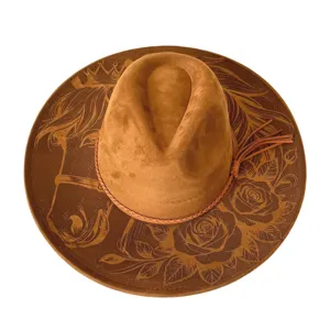 Chapeau de cowboy western gravé au laser vintage, fedora en suédine à large bord floral.
