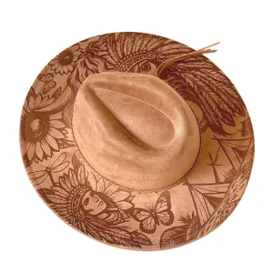 Laser engraved retro tribal pattern western cowboy hat, wide brim suede felt hat for outdoor.