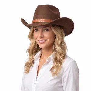 Retro suede western cowboy hat with braided belt buckle, wide brim outdoor felt hat for all.