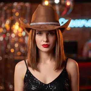 Brown suede western cowboy hat with rhinestone chain, wide brim party hat for women stylish look