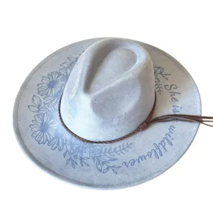 Grey suede fedora hat with blue wildflower floral print, western cowboy hat with braided band.