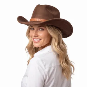 Detailed view of the retro brown suede western cowboy hat with braided leather belt buckle.