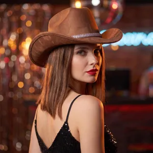 Brown suede western cowboy hat for women with rhinestone chain band party hat wide brim stylish