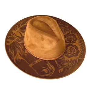 Chapeau cowboy western rétro gravé au laser, fedora en suédine à large bord élégant.