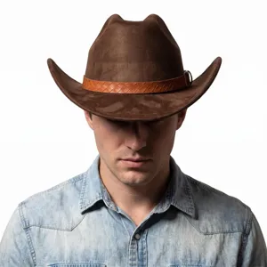 Retro suede western cowboy hat with braided leather belt buckle and wide brim for outdoor style.