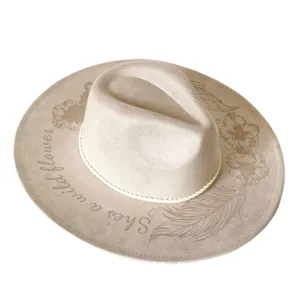Suede western cowboy hat with floral feather print and English quote, wide brim fedora.