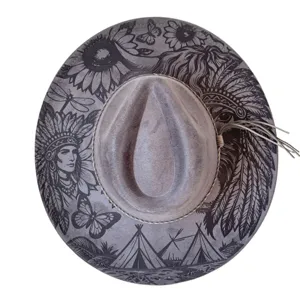 Detail shot of the wide brim grey felt hat featuring intricate laser engraved tribal patterns.