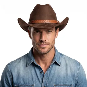 Detailed view of retro suede western cowboy hat with braided belt buckle wide brim.