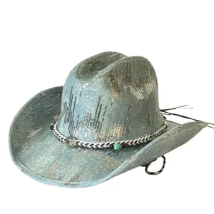 Retro distressed denim cowboy hat detail, wide brim western sun hat with braided beaded band.