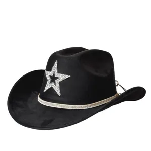 Vintage Western Cowboy Hat Polyester Wide Brim Jazz Fedoras With Rhinestone Star Decoration For Unisex Costume Party Accessories