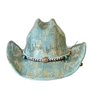 Retro distressed denim cowboy hat with western style braided band and turquoise beads detail.