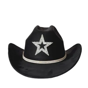 Close-up details of black western cowboy hat featuring sparkling rhinestone star and crystal band.