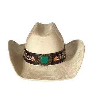 Suede western cowboy hat with turquoise buckle and embroidered hatband for men and women stylish.