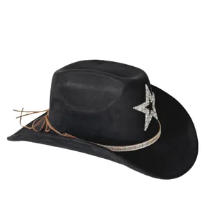 Detail view of black suede western cowboy hat with rhinestone star and chic glittering band.