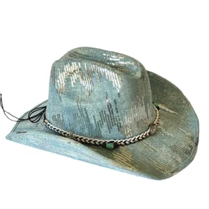 Retro denim cowboy hat with shiny sequins and braided band, ideal for outdoor western style.