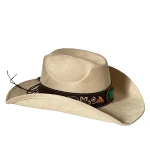 Close-up view of beige suede western cowboy hat featuring decorative turquoise band detail.