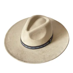 Chapeau fedora large bord suédine imitation avec bande ethnique casquette rétro jazz