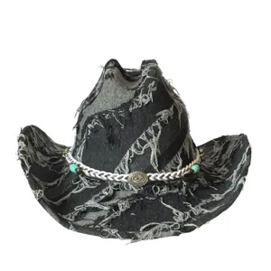 Close-up view of distressed denim cowboy hat featuring frayed edges and turquoise bead braided band.