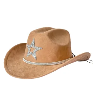 Retro western cowboy hat with rhinestone star decor, wide brim brown suede jazz hat for party.
