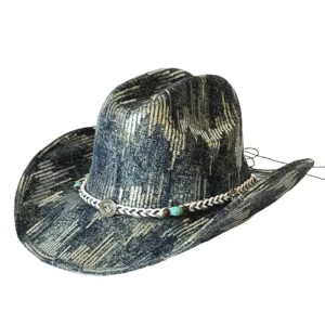 Detailed view of a retro distressed denim western cowboy hat with a decorative beaded band.
