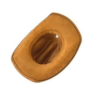 Classic brown suede western cowboy hat with upturned brim, interior detail view for men and women.