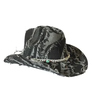 Retro distressed denim western cowboy hat detail, unique frayed edge style, wide brim sun hat.