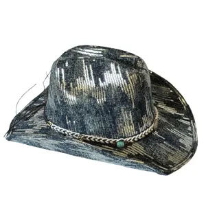 Detailed view of vintage sequin cowboy hat with braided beaded band and distressed style.