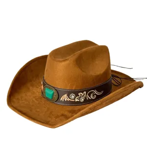 Vintage Western Cowboy Hat Men Women Suede Wide Brim Fedora Hat With Turquoise Stone Hatband Retro Fashion Outdoor