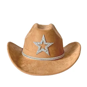 Rhinestone star suede cowboy hat detail, wide brim brown western hat fashion accessory.