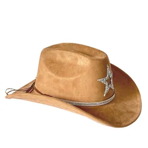 Retro western cowboy hat for women and men, wide brim suede jazz hat with rhinestone star.
