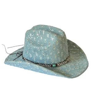 Light blue denim cowboy hat with sequins, distressed wide brim western sun hat for women.