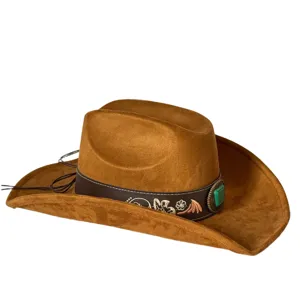 Brown suede cowboy hat detail showing turquoise stone buckle and exquisite floral embroidery.