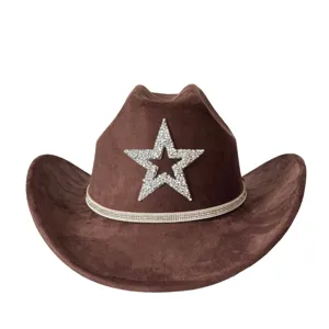 Closeup of vintage western cowboy hat featuring sparkling rhinestone star and matching brim band.