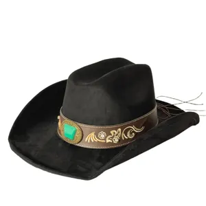 Black suede western cowboy hat with decorative brown band, green gemstone and embroidery details.